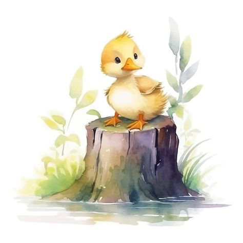 Vector cute little duck cartoon on stump... | Premium Vector #Freepik #vector #tropical #nature #grass #background Duck Clipart, Cute Ducklings, Paper Crafts Card, Wildlife Paintings, Baby Ducks, Farm Yard, Watercolor Animals, Watercolor Clipart, Nursery Art