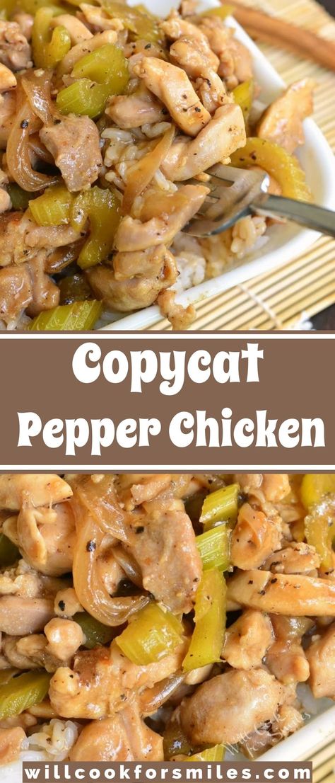 Once you try this homemade version of Panda Express Pepper Chicken, you’ll never go back to take-out. This easy chicken recipe features juicy, tender chicken thigh meat is sauteed with onions and celery, and cooked in black pepper soy sauce. Low Cholesterol Recipes Dinner, Chicken And Rice Dinner, February Recipes, Recipes With Soy Sauce, Soy Sauce Chicken, Recipes With Chicken And Peppers, Easy Chicken And Rice, Recipe Using Chicken, Rice Dinner