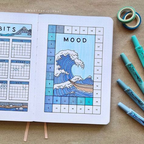 Sarah Bell Mair (@sbmair) • Instagram photos and videos Journal Setup Ideas, Mood Tracker Ideas, How To Bullet Journal, Tracker Ideas, Bullet Journal Ideas Templates, Creating A Bullet Journal, Bullet Journal Paper, Bullet Journal Tracker, The Great Wave