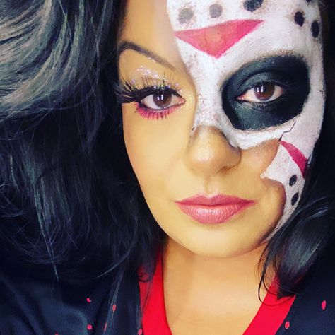 Friday The 13th Makeup Ideas, Jason Face Makeup, Jason Female Costume, Jason Face Paint, Friday 13th Makeup, Jason Halloween Makeup Women, Jason Halloween Costume Women Makeup, Diy Jason Costume Women, Jason Voorhees Costume Women