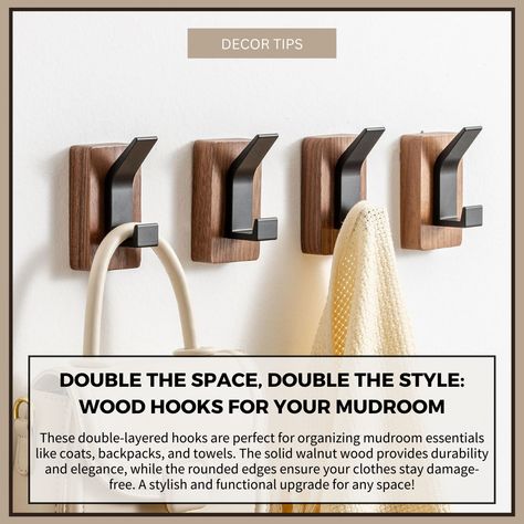 These double-layered hooks are perfect for organizing mudroom essentials like coats, backpacks, and towels. The solid walnut wood provides durability and elegance, while the rounded edges ensure your clothes stay damage-free. A stylish and functional upgrade for any space!  #DoubleHooks #MudroomStorage #HomeOrganization #EntrywayStyle #FunctionalDecor #WalnutWood #OrganizedHome #SpaceSaver #MudroomInspo #RusticDecor #FarmhouseStyle #HomeImprovement #DecorGoals #InteriorVibes #HomeInspo Organizing Mudroom, Mudroom Essentials, Wood Wall Hooks, Entryway Inspo, Mudroom Bathroom, Entryway Style, Wood Hooks, Mudroom Organization, Mudroom Decor