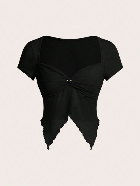 SHEIN ICON Square Neck Pleated Bust Asymmetrical Hem Fitted Short Sleeve T-ShirtI discovered amazing products on SHEIN.com, come check them out! Pinterest Wardrobe, Shein Icon, Tank Top Camisole, Elegant Shirt, Women T Shirts, Casual Sets, Asymmetrical Hem, Black Casual, Scarf Print