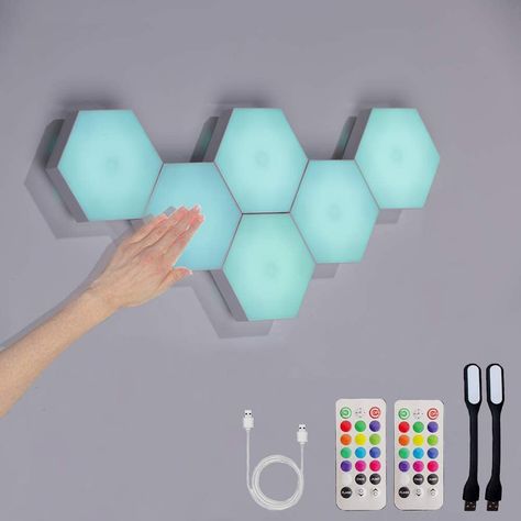 Hexagon Lights with Remote, Smart DIY Hexagon Wall Lights, Dual Control Hexagonal LED Light Wall Panels with USB-Power, Geometry Hex Lights Touch Used in Game Room Decor, Party Hexagon Lights, Led Light Wall, Hexagon Wall, Desain Pantry, Light Panels, Night Light Projector, Gamer Room, 3d Wall Panels, Game Room Design