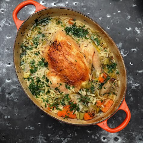 Chicken In A Pot with Lemon and Orzo Chicken In A Pot, Nigella Lawson Recipes, Biggest Chicken, One Pot Dishes, Orzo Pasta, Nigella Lawson, Chicken Pot, Roast Chicken, Orzo