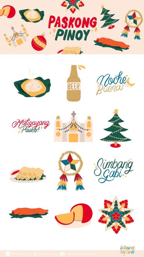 Filipino Illustration Art, Filipino Christmas Aesthetic, Paskong Pinoy Christmas Decorations, Filipino Clipart, Filipino Icons, Filipino Themed Party, Filipino Christmas Decorations, Filipino Illustration, Pinoy Stickers