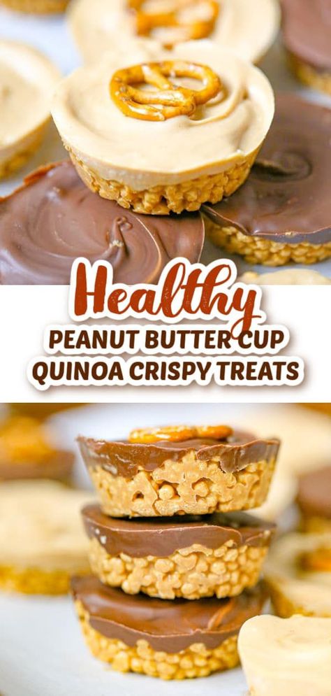 This easy Healthy Peanut Butter Cup Quinoa Crispy Treats recipe is the perfect snack or treat when you want something healthy, crunchy and full of chocolate and peanut butter flavor! Only 5 ingredients needed, vegan, dairy-free and gluten-free, what could be better? Get this easy chocolate dessert recipe and start snacking TODAY Quinoa Crispy Treats, Quinoa Chocolate Crisps, Quinoa Dessert, Quinoa Desserts, Peanut Butter Desserts Easy, Easy Chocolate Dessert, Quinoa Chocolate, Crispy Treats Recipe, Healthy Peanut Butter Cups