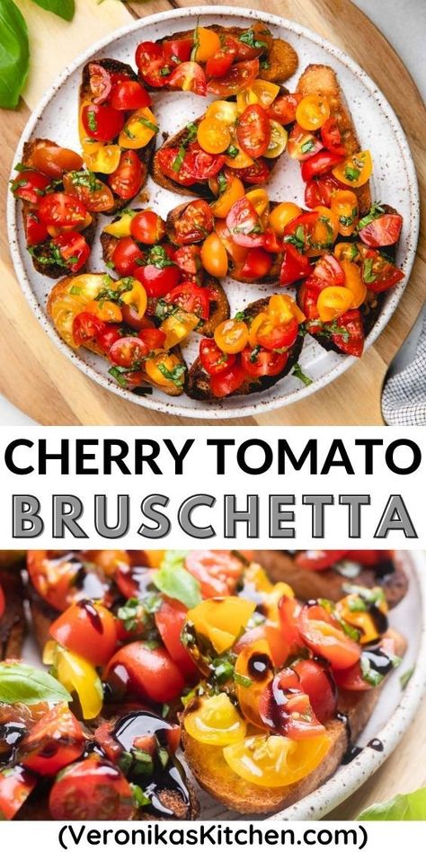 Bruschetta, topped with cherry tomatoes and basil. Bruschetta With Cherry Tomatoes, Brushetta Appetizers, Cherry Tomato Bruschetta, Bruchetta Appetizers, Mini Tomatoes, Tart Mini, Tomato Bruschetta Recipe, Farro Salad Recipes, Tomato Appetizers