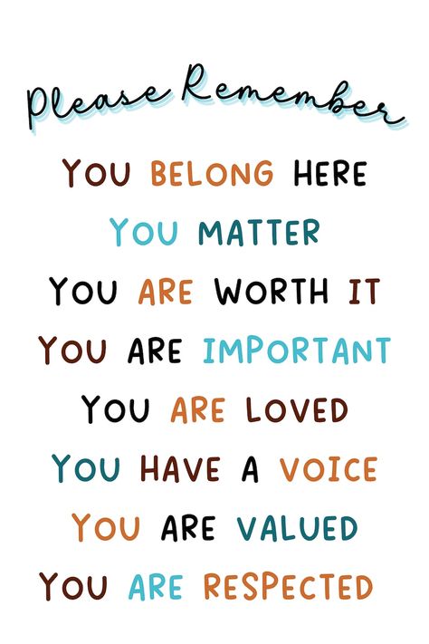 Perfect for adding a touch of positivity and inspiration to your classroom, office, or mental healthcare space.  This uplifting digital artwork is designed to create a welcoming and inclusive environment wherever it is displayed. With its modern and clean design, it serves as a reminder to everyone that they are valued and accepted. Inclusion Quotes Inspirational, Inclusion Quotes, Work Environment Quotes, Art For Classroom, Belonging Quotes, Environment Quotes, Mental Healthcare, Healthcare Quotes, 6th Form