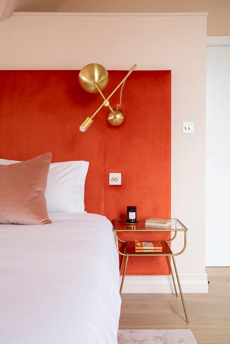 Burnt Orange Bedroom, 70s Interior, Luxe Bedroom, Bedroom Colour Palette, Headboard With Lights, Reading Lights, Velvet Headboard, Bedroom Orange, Bedroom Color Schemes