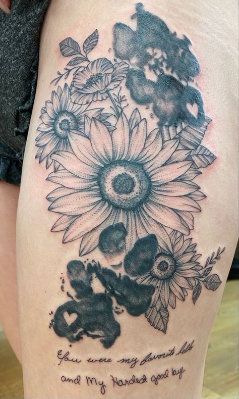 Dog Paw Print And Sunflower Tattoo, Paw Print Half Sleeve Tattoo, Paw Print Leg Tattoo, Paw Print Tattoo Flowers, Pawprint Flower Tattoo, Paw Prints With Flowers Tattoo, Paw Prints And Flowers Tattoo, Dog Print Tattoo With Flowers, Sunflower Dog Tattoo