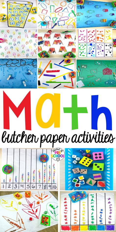 Math butcher paper activities for preschool, pre-k, and kindergarten students to move and explore while learning. Preschool Kindergarten Activities, Vpk Math Activities, Spring Butcher Paper Activities Preschool, Independent Work Preschool, Butcher Paper Prek Activities, Preschool Manipulatives Center, Math Projects For Kindergarten, Stem Math Activities Preschool, Math And Manipulatives For Preschool