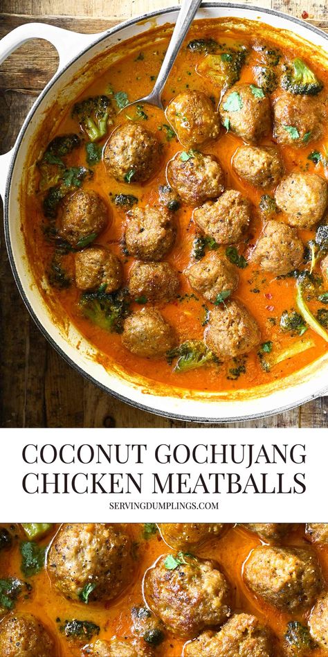 Coconut Gochujang Chicken Meatballs - Serving Dumplings Gochujang Chicken, Chicken Meatballs, Poultry Recipes, Asian Dishes, Turkey Recipes, Main Meals, Weeknight Dinner, Chicken Dinner, Dumplings