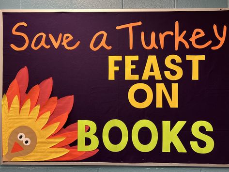 Thanksgiving Library Decorations, Thanksgiving Library Bulletin Boards, Fall Library, Reading Fair, Happy School, Library Bulletin Board, Teacher Door, Library Book Displays, Library Signs