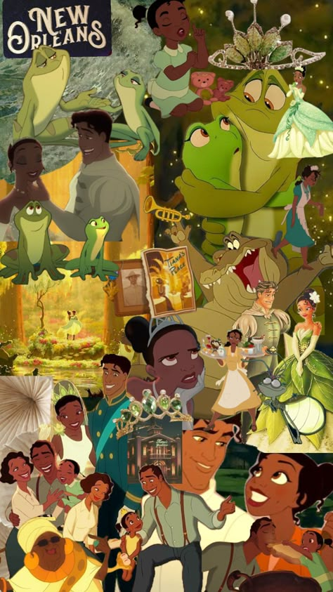 Princess And The Frog Collage, Frog Collage, Black Disney Princess, Tiana Disney, Tiana And Naveen, Princess Artwork, Princesa Tiana, Disney Princess Tiana, Disney Characters Wallpaper