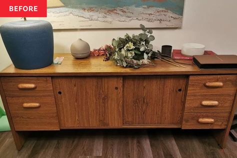 Office Credenza Makeover, Billy Regal Hack, Credenza Makeover, Wooden Media Console, Credenza Styling, Dark Brown Cabinets, Diy Furniture Flip, Totally 80s, Furniture Flipping