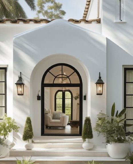 Modern Mediterranean Facade, Spanish Style Homes Exterior Curb Appeal, Spanish Mediterranean Homes Exterior, Modern Spanish Style Homes Exterior, Transitional Exterior Home, Spanish Style Home Exterior, Spanish Mediterranean Homes, Mediterranean Homes Exterior, Transitional Exterior