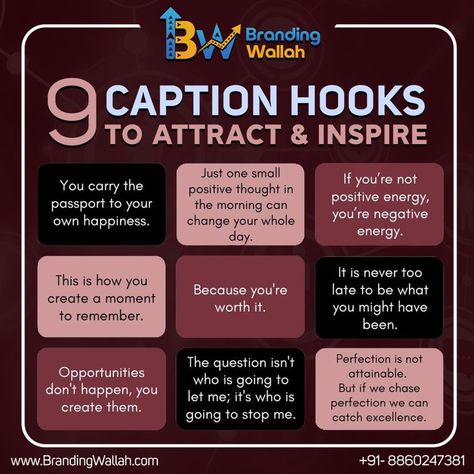 9 caption hooks to attract and inspire 
.
.
.
.
#Marketing #SocialMediaMarketing #Digitalmarketing #Instagram #Branding #Business #MarketingDigital #ContentMarketing #Advertising #socialmedia Digital Marketing Strategy Ideas, Business Strategy Management, Social Media Marketing Planner, Social Media Content Strategy, Clever Advertising, Clever Captions For Instagram, Social Media Marketing Instagram, Successful Business Tips, Marketing Planner