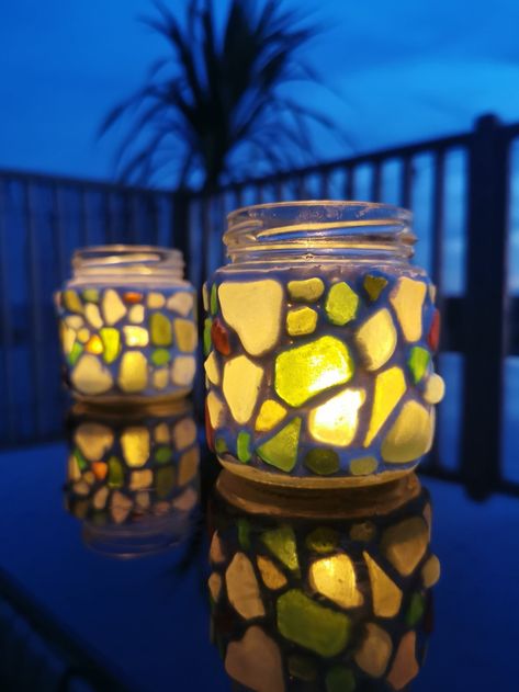 Colourful Sea Glass Mosaic Jar Tealight Holder - Etsy UK Sea Glass Crafts Diy, Sea Glass Lamp, Sea Glass Candle Holder, Sea Glass Candles, Glass Crafts Diy, Sea Glass Art Diy, Sea Glass Mosaic, Sea Glass Art Projects, Sea Crafts