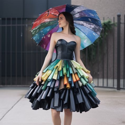 A woman showcasing the Umbrella Dress, an inventive outfit constructed from colorful and repurposed broken umbrellas, in an urban setting. Umbrella Dress Design, Recycled Dresses, Mass Surveillance, Design Ideas Drawing, Wearable Art Recycled, Drag Ideas, World Of Wearable Art, Dress Design Ideas, Unusual Dresses