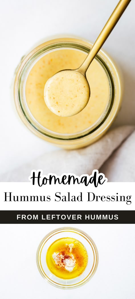 This creamy homemade hummus salad dressing is the perfect way to add flavour to your salads and sandwiches! Made with just 5 ingredients, including leftover hummus and lemon juice, this delicious dressing is vegan and a healthier option compared to other creamy salad dressings. Use it as a dip for warm pita bread or drizzle it over your favourite greens for a delicious and satisfying meal. This homemade hummus dressing is a must-try for any hummus lover! Hummus Sauce Recipe, Salad With Hummus Dressing, Hummus Uses, Hummus Vinaigrette Dressing, Hummus Dressing Recipe, Hummus Salad Dressing Recipe, Harissa Vinaigrette, Cold Noodle Salads, Hummus Salad Dressing