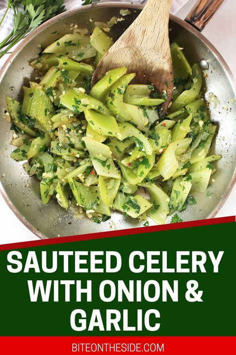 Quick and easy to make, celery is sautéed with onions and garlic before being braised so that it is wonderfully flavorful and tender, with just the right amount of crunch. This healthy savory side dish recipe is a great way to make the most out of leftover celery in your fridge, and it's so versatile! Celery Side Dish, Leftover Celery, Celery Recipes, 140 Pounds, Onion Recipes, Veggie Side Dishes, Side Recipes, Veggie Sides, Veggie Dishes