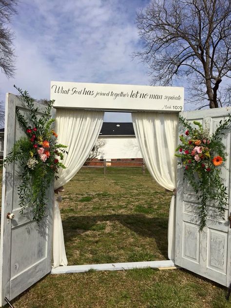 Arch way for outside wedding Double Door Wedding Entrance, Outdoor Wedding Entrance Decor, Outdoor Wedding Entrance Ideas, Wedding Doors Entrance Outdoor Ceremony, Rustic Church Wedding, Outdoor Wedding Entrance, Rustic Wedding Groomsmen, Church Doors, Church Door