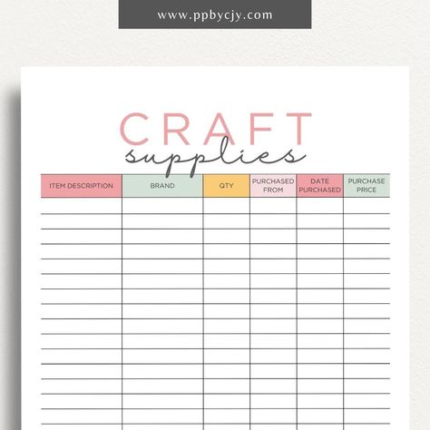 Craft Supplies Inventory Tracker Printable Template Craft Supplies Inventory, Printable Tabs, Inventory Printable, Inventory Tracker, Yard Sale Signs, Office Tips, Teacher Art, Art Cabinet, Business Printables