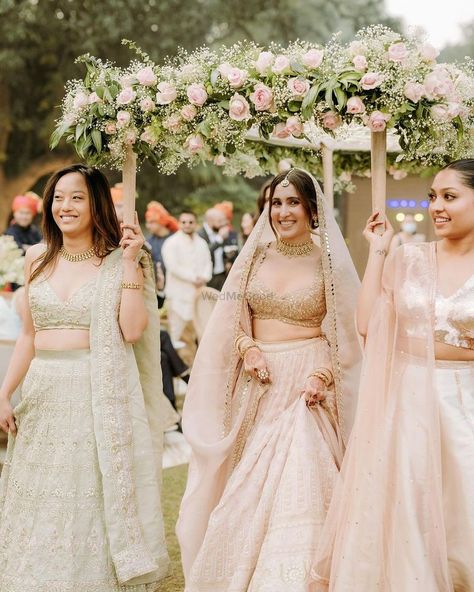 Photo from Sachi and Aditya Wedding Flower Chadar, Bridesmaid Poses, Themed Wedding Decorations, Bride Entry, Garland Wedding Decor, Indian Wedding Bride, Latest Bridal Lehenga, Wedding Entrance Decor, India Wedding