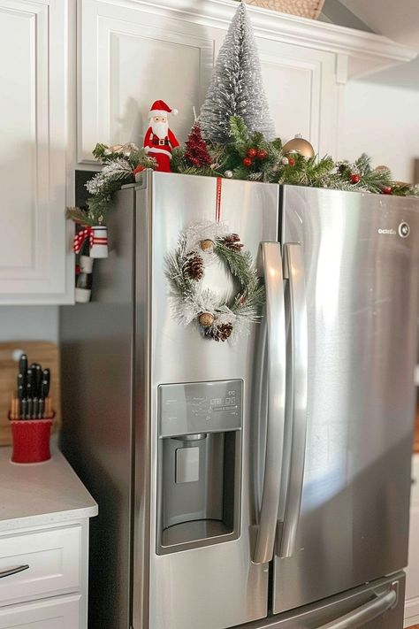 10 Eye-Catching Fridge Top Decor Ideas to Upgrade Your Kitchen Aesthetics - Home Made Graceful Fridge Top Decor Ideas, Fridge Top Decor, Christmas Dining Table Decorations, Top Decor Ideas, Navidad Natural, Make Christmas Tree, Christmas Coffee Table Decor, Dining Table Decorations, Fridge Top