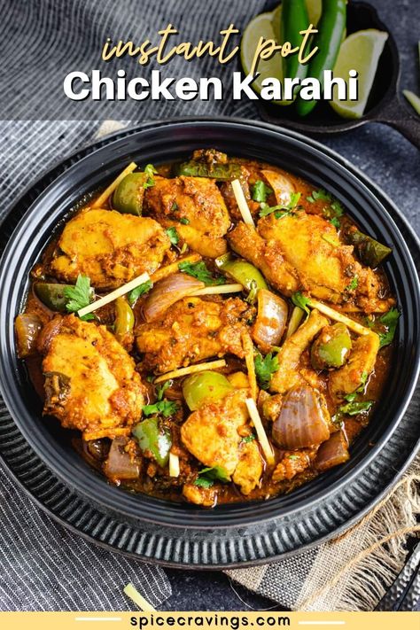 Chicken Karahi is a popular curry loaded with tomatoes, ginger, and flavorful seasonings for an authentic dish that's fragrant and spicy. #indianfood #pakastani #spicy #curry Crunchy Onions, Kadai Chicken, India Recipes, Karahi Recipe, Indian Meals, Sauteed Peppers And Onions, Chicken Karahi, Spicy Curry, Sauteed Peppers