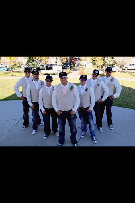 My groom Rustic groomsmen in jeans and ball caps, but not sloppy. Groom Attire With Sneakers, Groomsmen With Ball Caps, Groomsmen Casual Attire Jeans, Groom Attire With Hat, Jeans Wedding Attire Groomsmen Navy, Wedding Ball Caps For Groom, Simple Groom Attire Jeans, Groomsmen In Jeans, Groomsmen Jeans