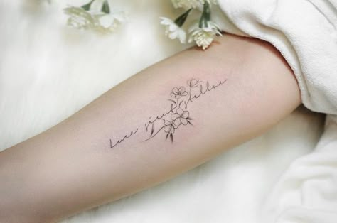 Mini Flowers Tattoo, Flower Script Tattoo, Grit Tattoo, Forearm Script Tattoo, Handwriting Tattoos, Twin Tattoos, Rose Tattoos For Women, Lavender Tattoo, Cursive Tattoos