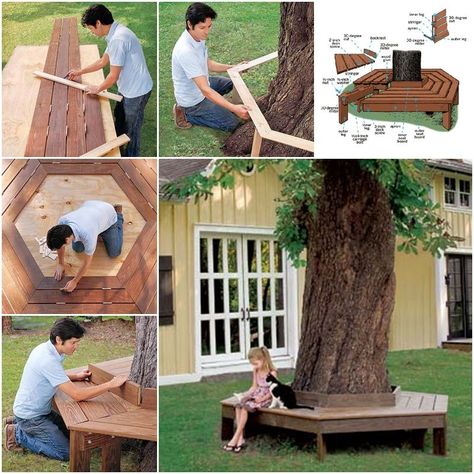 If you have a medium or big tree in your yard, have you thought about how to best use it? Maybe having barbecue under it during summer time, maybe hanging a swing etc. How about build your own custom tree bench around it? This bench will provide plenty of seating areas and a special play Bench Around Trees, Tree Seat, Garden Seating Area, Tree Bench, Teds Woodworking, Garden Seating, Garden Boxes, Backyard Bbq, Garden Bench