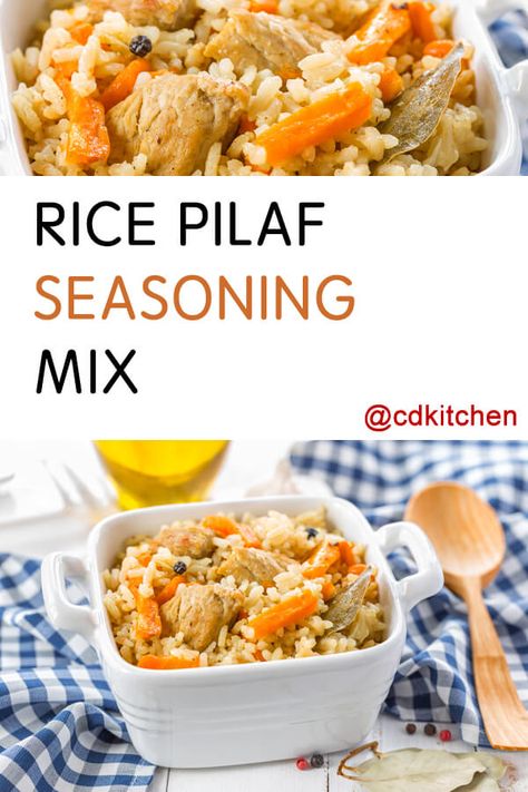 Made with instant chicken bouillon, curry powder, garlic powder, allspice, black pepper, onion powder, parsley | CDKitchen.com Cooking Substitutes, Vegetarian Rice Dishes, Rice Seasoning, Rice Pilaf Recipe, Seasoned Rice Recipes, Craft Recipes, Dry Mixes, Chicken Bouillon, Homemade Mixes