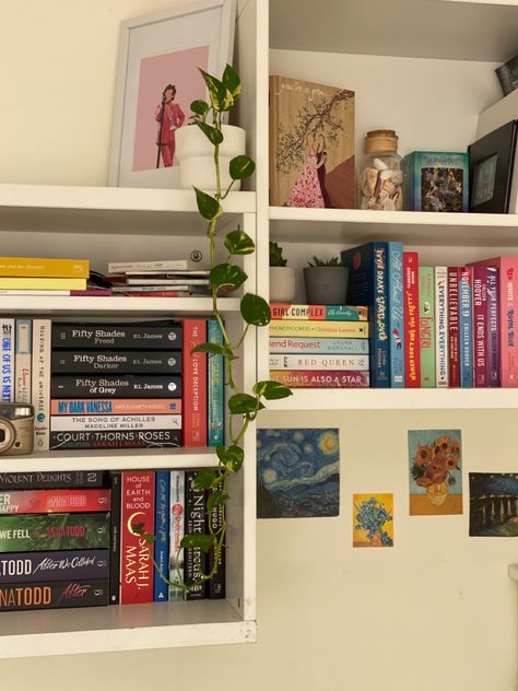 Books | plant | harry styles | van gogh | book shelf | bedroom Book Bedroom, Bookshelf Aesthetic, Bookshelf Inspiration, Bookshelves In Bedroom, Prettiest Celebrities, Geek Decor, Pinterest Room Decor, Home Decoration Ideas, Home Decor Modern