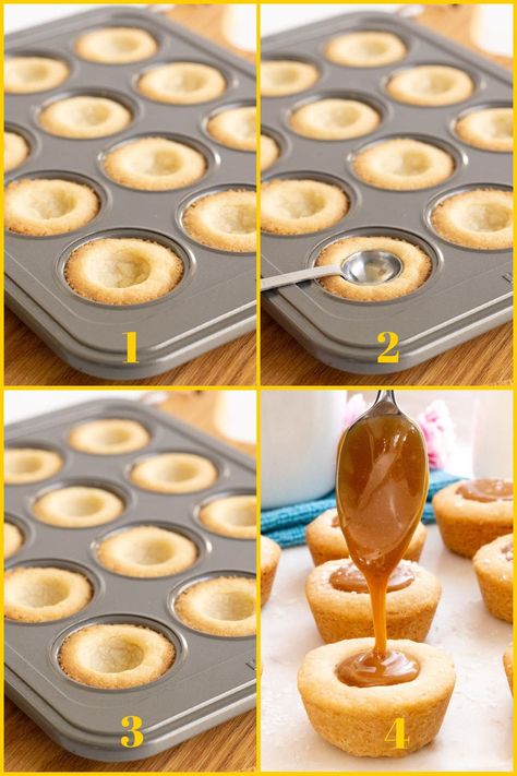 These fabulous Salted Caramel Shortbread Bites look fancy but are super easy with a one-bowl shortbread dough and the easiest caramel ever! #saltedcaramelshortbread, #carameltarts, #caramelshortbreadtarts Carmel Cups Recipe, Mini Caramel Tarts, Toffee Tarts Mini, Salted Caramel Baking, Desserts In Mini Muffin Tins, Recipes Using Caramel Bits, Shortbread Cups, Recipes With Caramel, Salted Caramel Dessert