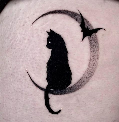 minimal cat moon tattoo design Cat Moon Tattoo, Crescent Moon Tattoo Meaning, Cat Silhouette Tattoos, Tattoo Gato, Half Moon Tattoo, Luna Tattoo, Goth Tattoo, Black Cat Tattoos, Crescent Moon Tattoo