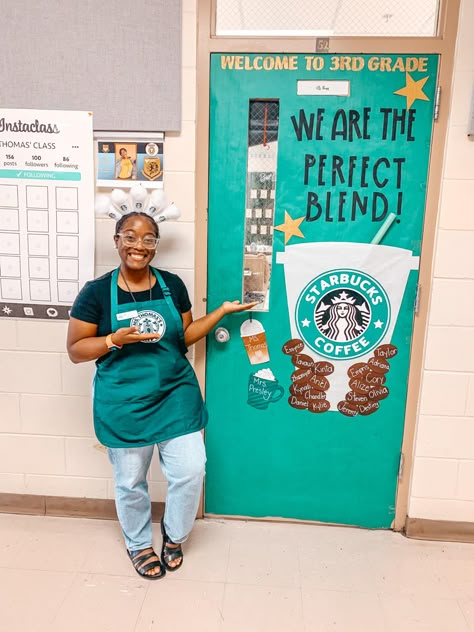 Coffee Door Decorations For School, Starbucks Classroom Door, Coffee Shop Classroom Theme High School, Coffee Shop Theme Classroom, Starbucks Door Decoration, Starbucks Classroom Theme, Classroom Coffee Station, Coffee Classroom Theme, Cafe Classroom Theme