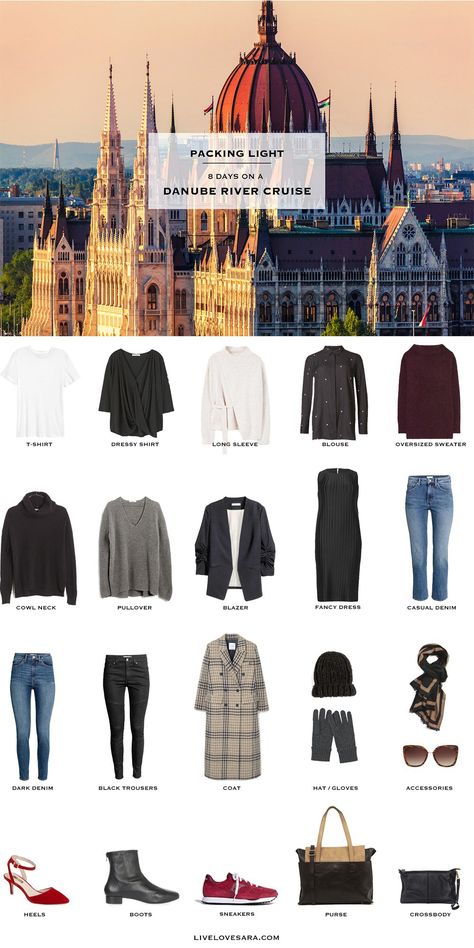 What to Pack for a Danube River Cruise Packing Light List #packinglist #packinglight #travellight #travel #livelovesara European River Cruise Wardrobe Fall, Fall River Cruise Wardrobe, Danube River Cruise Packing, River Cruise Outfits, Cruise Wardrobe, Winter Cruise, Fall Packing, Cruise Clothes, Cruise Packing List