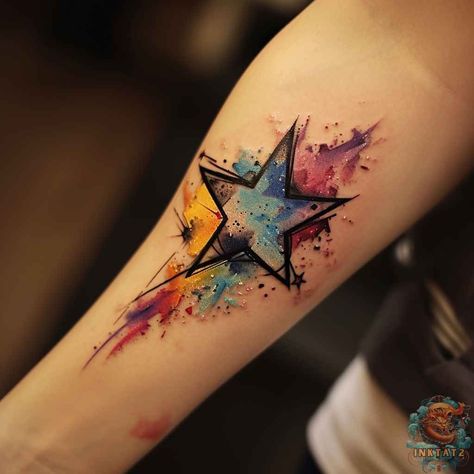 Star tattoo ideas symbolize guidance and dreams through celestial body art. These cosmic designs range from simple five-pointed stars to intricate constellations. Popular star tattoo concepts include shooting stars, star clusters, and zodiac symbols. Star ink styles vary from minimalist outlines to detailed, colorful pieces. Tattoos with stars can represent hope, ambition, and personal aspirations, often incorporating elements like moons or galaxies. Colorful Star Tattoos, Tattoos With Stars, Shooting Star Tattoos, Star Tattoo Ideas, Star Foot Tattoos, Black Star Tattoo, Orion Tattoo, Watercolor Galaxy Tattoo, Star Tattoos For Men