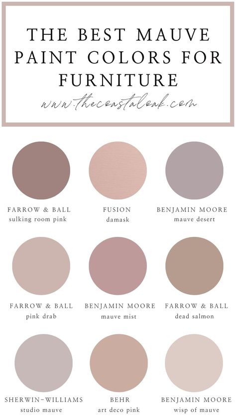 Mauve Paint, Mauve Paint Colors, Mauve Bedroom, Master Bath Ideas, Coastal Oak, Pink Paint Colors, Art Deco Pink, Painted Furniture Colors, Kabinet Dapur