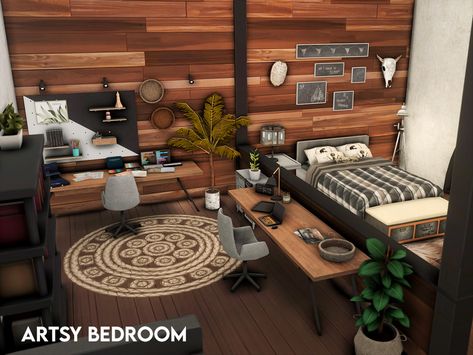 Sims 4 Big Bedroom Ideas, Dorm Room Set Up Layout, Man Living Room Ideas, Dorm Set Up Layout, Sims 4 Bedrooms, Dorm Tv, Man Living Room, Rock Bedroom, Artsy Home