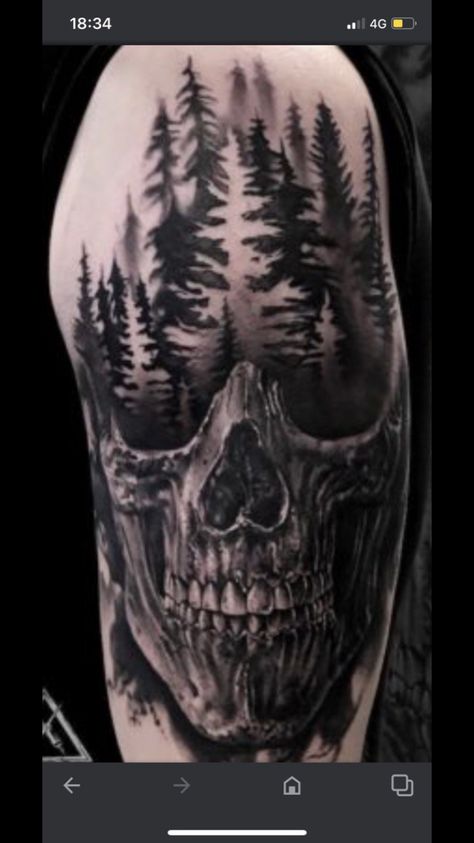 Skull Tree Tattoo Design, Skull Mountain Tattoo, Demonic Art, Good And Evil Tattoos, Tatts Ideas, Cover Up Tattoos For Men, Jacob Anderson, Bull Skull Tattoos, Leg Sleeve Tattoos