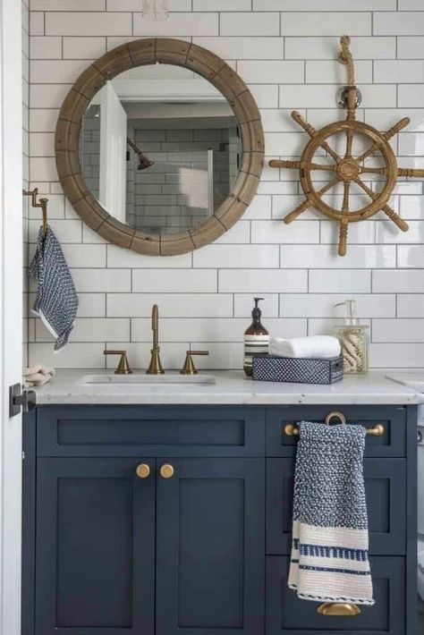 Small Nautical Bathroom, Lighthouse Theme Bathroom, Nautical Themed Bathroom, Beach Bathroom Theme, Ocean Theme Bathroom Ideas, Coastal Bathroom Decor Ideas, Lake House Bathroom Ideas, Nantucket Bathroom, Bathroom Theme Ideas