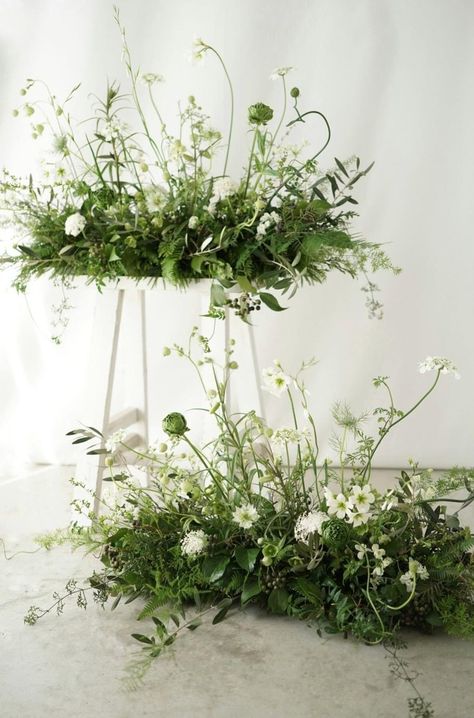 Blooming Branches Wedding, Window Floral Arrangements, Ceremony Ground Arrangements, Fern Wedding Florals, Floral Altar Arrangement, White And Green Chuppah, Magnolia Tree Wedding, Greenery Heavy Wedding, Fern Wedding Flowers