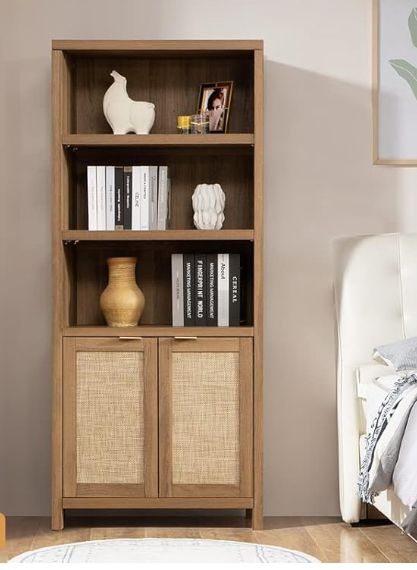 Bookshelf For Room, Shelf With Doors, Rattan Bookshelf, Farmhouse Bookshelves, Bookshelves Library, 5 Tier Bookshelf, Room Style Ideas, Kitchen Oak, Shelves For Living Room