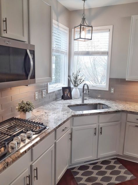 Kitchen With Corner Sink And Windows, Window Lower Than Countertop, U Shaped Kitchen With Corner Sink, Kitchen Sink Corner Ideas, Kitchen Remodel With Corner Sink, Corner Kitchen Sink Styling, Kitchen Corner Windows Over Sink, Kitchen Rugs For Corner Sink, Corner Windows In Kitchen