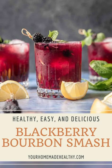 This Blackberry Bourbon Smash is a berry twist on the classic Mint Julep. It's made with muddled mint, juicy blackberries and lemon wedges then shaken with a generous splash of oaky bourbon. All you need is 5 simple ingredients to enjoy this fresh cocktail at home. Blackberry Bourbon Smash, Bourbon Smash Cocktail, Blackberry Bourbon, Blackberry Cocktail, Blackberry Drinks, Easy Drinks To Make, List Of Favorites, Bourbon Smash, Simple Cocktail