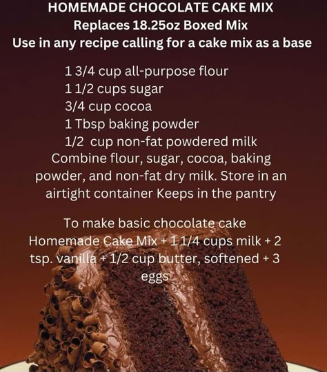 Homemade Chocolate Cake Mix, Basic Chocolate Cake, Homemade Cake Mixes, Cake Mix Recipe, Homemade Dry Mixes, Spice Mix Recipes, Chocolate Cake Recipe Easy, Homemade Chocolate Cake, Cake Mixes