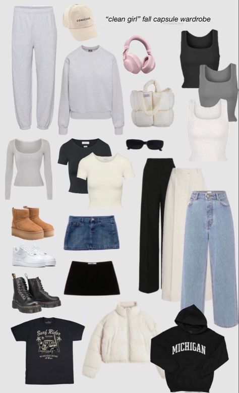 Fall Outfits Clean Girl Aesthetic, Thatgirl Aesthetic Outfits, College Essentials Outfits, It Girl Capsule Wardrobe, Clean Girl Essentials List, Fall Outfits 2023 College, Clean Girl Aesthetic Fashion, College Essentials Clothes, Clean College Outfits